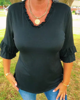 Top Rüsche V-Ausschnitt Dreiviertel Ärmel