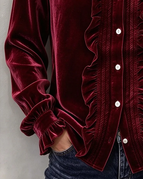 Bluse Velvet Ruffle-Trim V-Neck Langarm