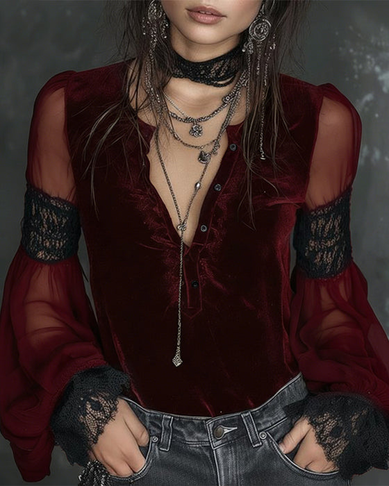 Bluse Knöpfloser V-Ausschnitt Puffärmel