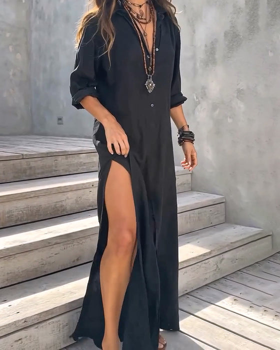 Kleid Hemdkragen Knopfleiste Seitenschlitz Unifarben