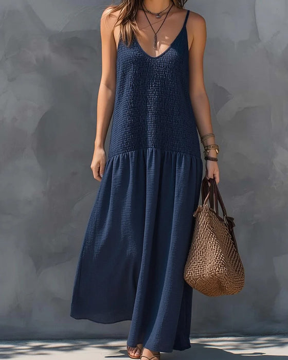 Kleid V-Ausschnitt Träger Gerafft Patchwork Ärmellos