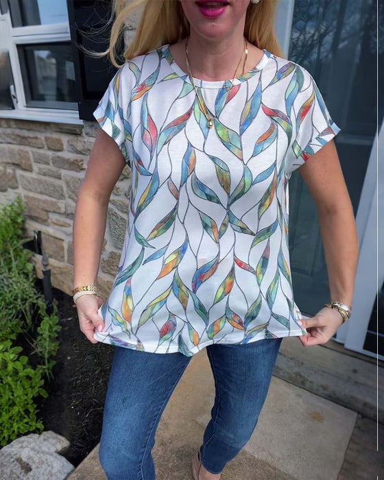 T-Shirt Rundhals Bunte Blätter Print