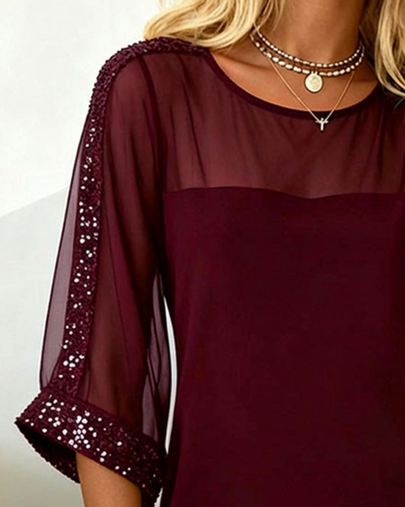 Kleid Glitzer Eingefasst Mesh Rundhalsausschnitt