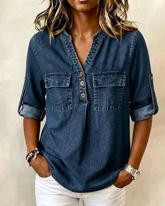Bluse Denim V-Ausschnitt Lässig