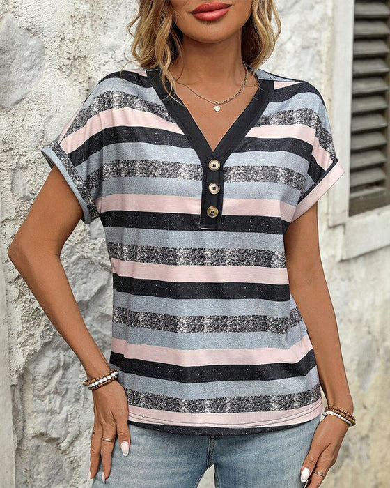 T-Shirt V-Ausschnitt Dreiknopf Gestreift