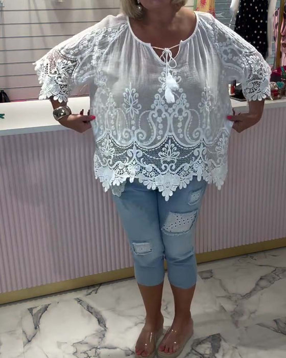 Bluse Schnürung Durchsichtig Spitze Patchwork