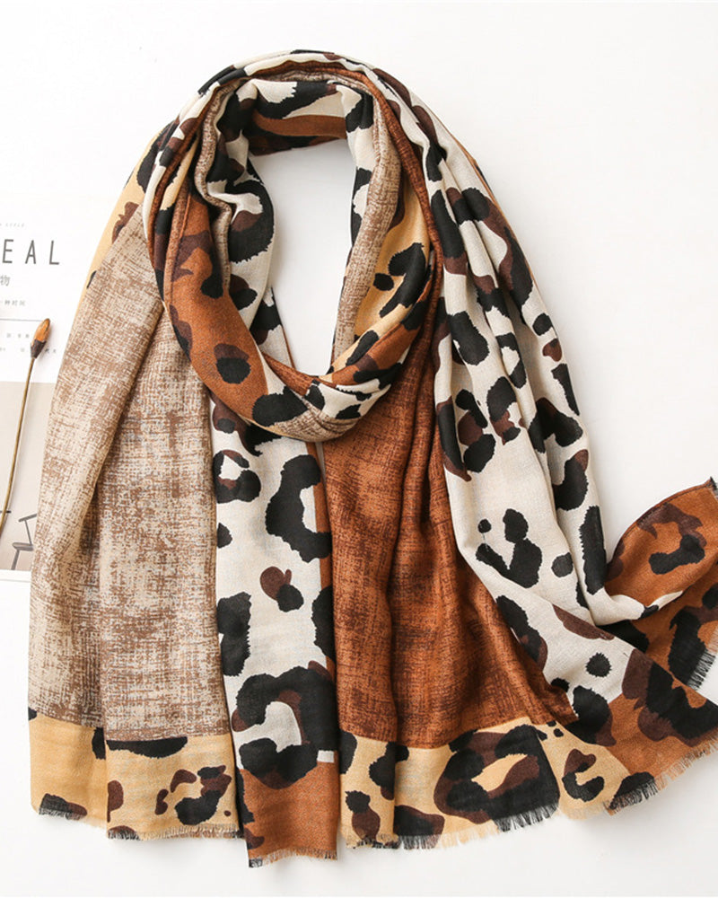 Damen Schal Leopard Patchwork Print Fransen Schal