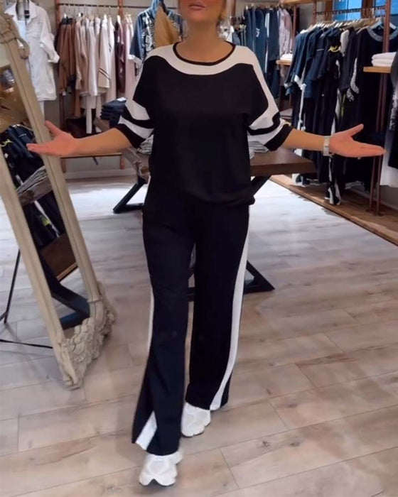 Set kurzärmlig Kontrastfarbe lässige gerade Hose