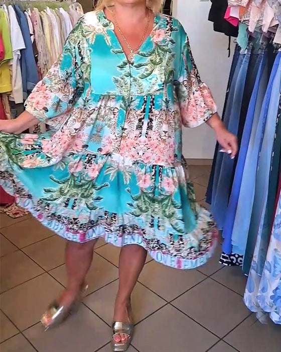 Kleid Trompetenärmel Gedruckt Weitfallend