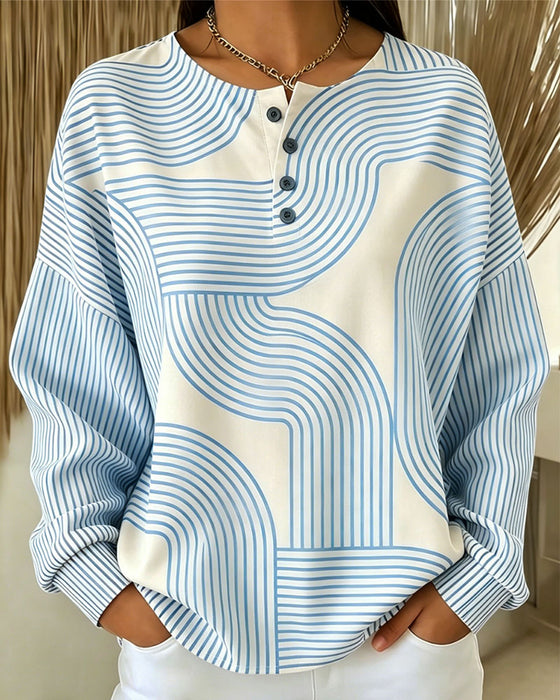 Sweatshirt Rundhals Knopf Gestreift Locker