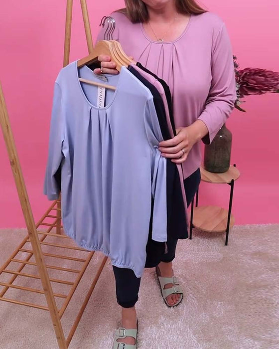 Top Mit Rundhals Ausschnitt Und Gefaltetem 3/4-Arm