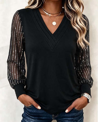 Top V-Ausschnitt Mesh Langarm Patchwork