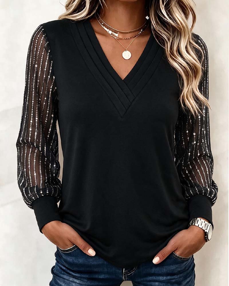 Top V-Ausschnitt Mesh Langarm Patchwork