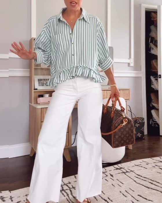 Bluse mit Revers gestreift mit Rüschen