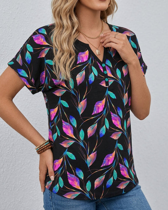 T-Shirt Bedruckt Rollbündchen V-Ausschnitt