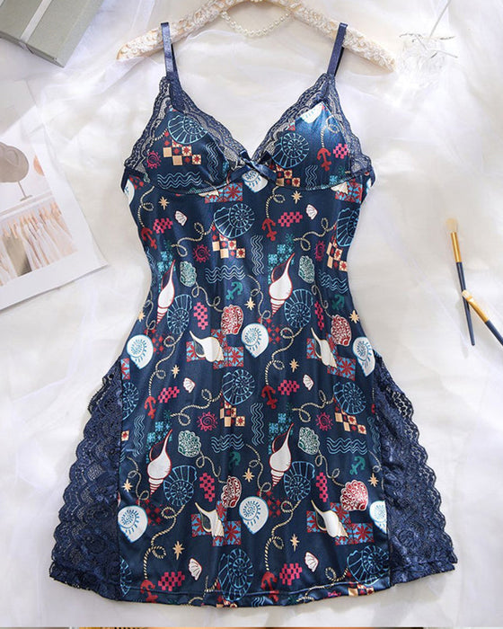 Schlaf Kleid Damen Spitze Besatz Schlitz