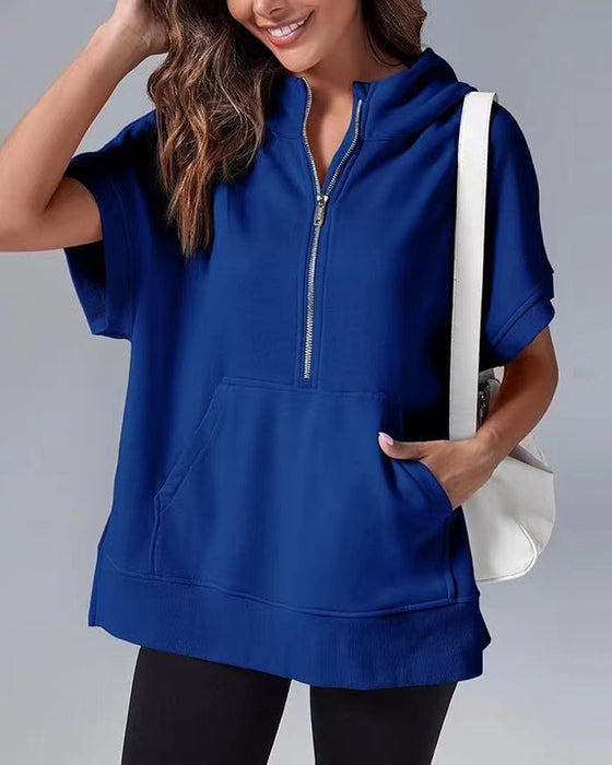 Sweatshirt Kurzarm Teilweiser Reißverschluss Kapuzenpullover