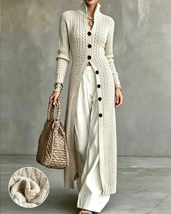 Strickjacke Stehkragen Zopf Knopf Lang