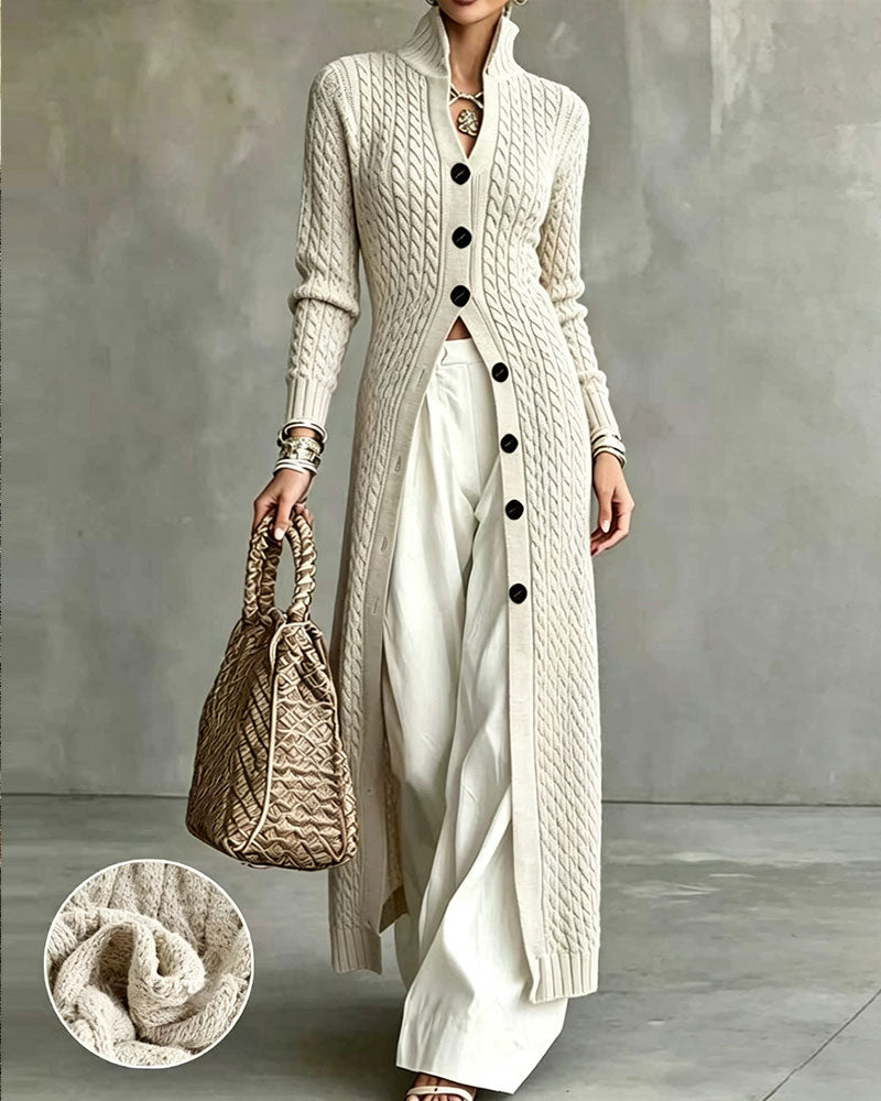 Strickjacke Stehkragen Zopf Knopf Lang
