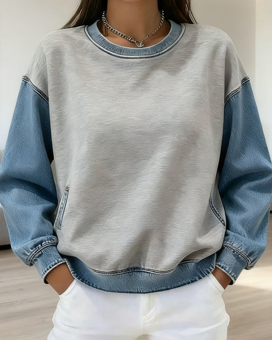 Sweatshirt Runder Ausschnitt Denim Patchwork