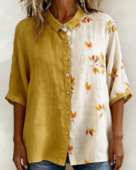 Hemd Farbblock Ahornblatt Druck Leinen