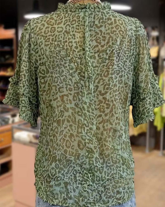 Bluse Grünton Leopard Druck Rüsche