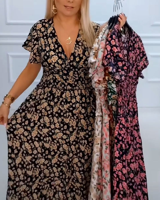 Kleid lässig Blumendruck V-Ausschnitt