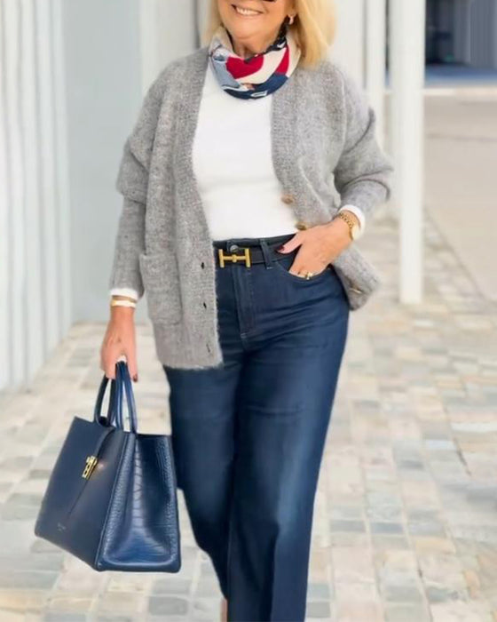 Klassische Cardigan Mit Tasche Und Knopfleiste