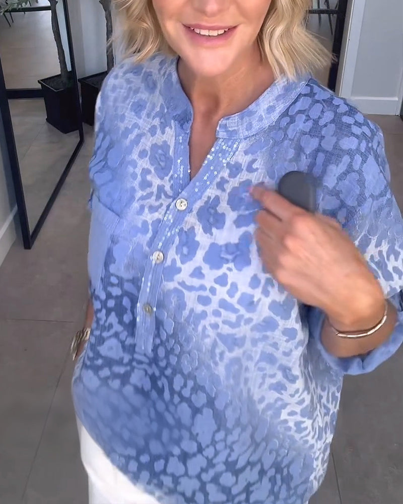 Bluse Ombre Leopardenmuster Henley-Kragen
