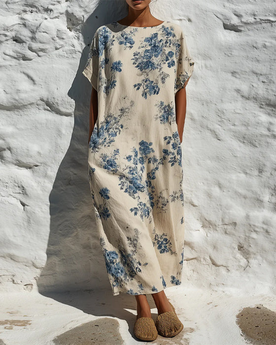 Kleid Rundhals Vintage Blau Floral