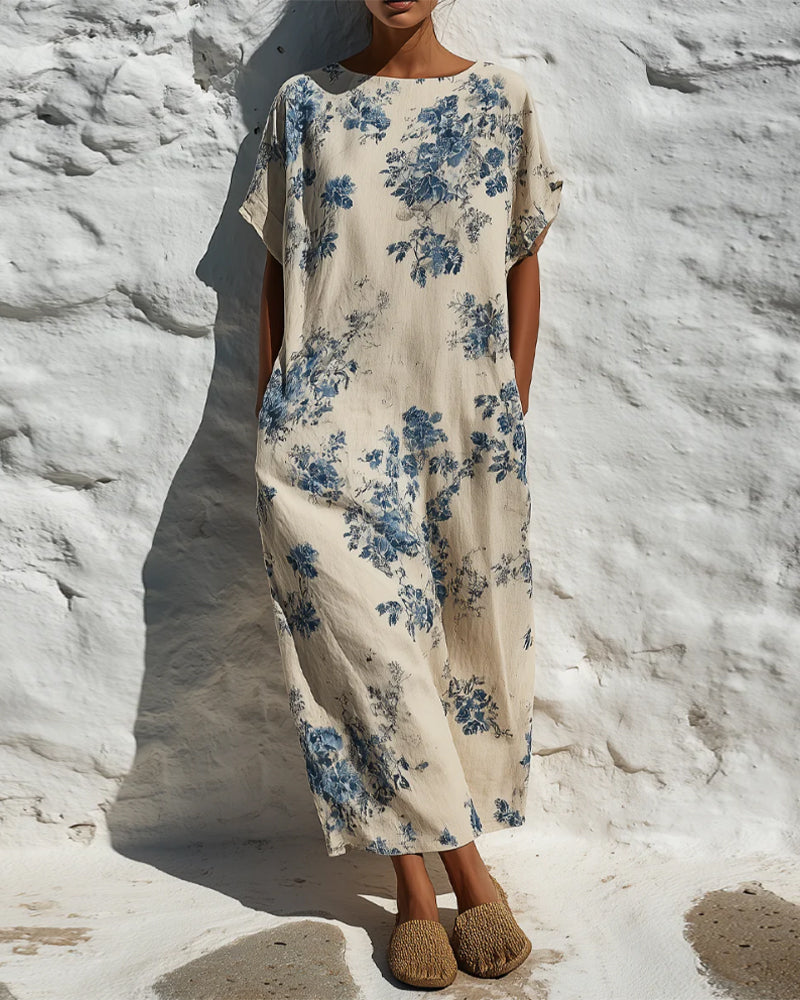 Kleid Rundhals Vintage Blau Floral