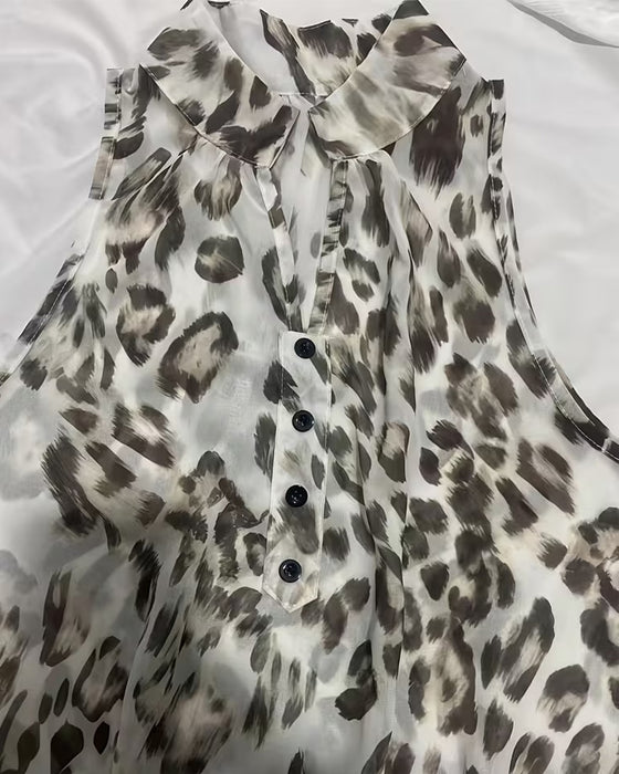 Kleid Leopard Print Mandarin Kragen Rüsche