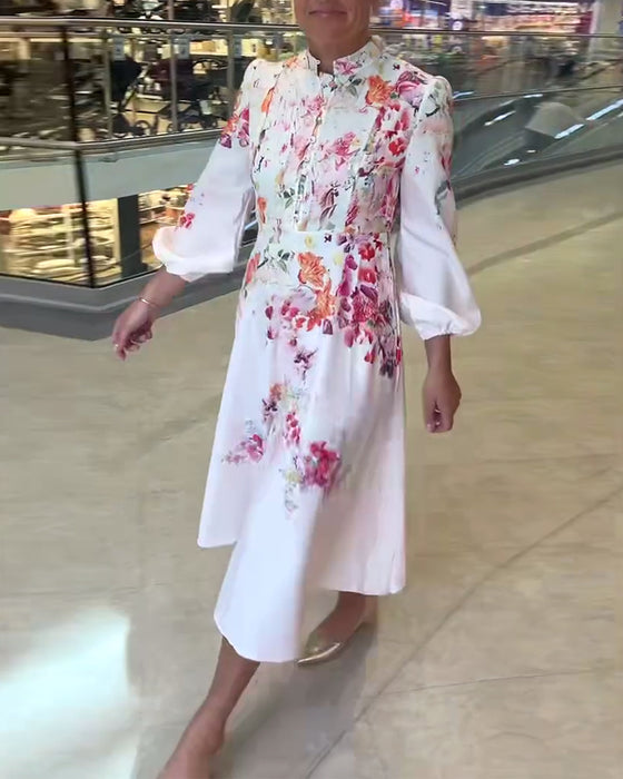 Kleid Französisch Puffärmel Stehkragen Druck