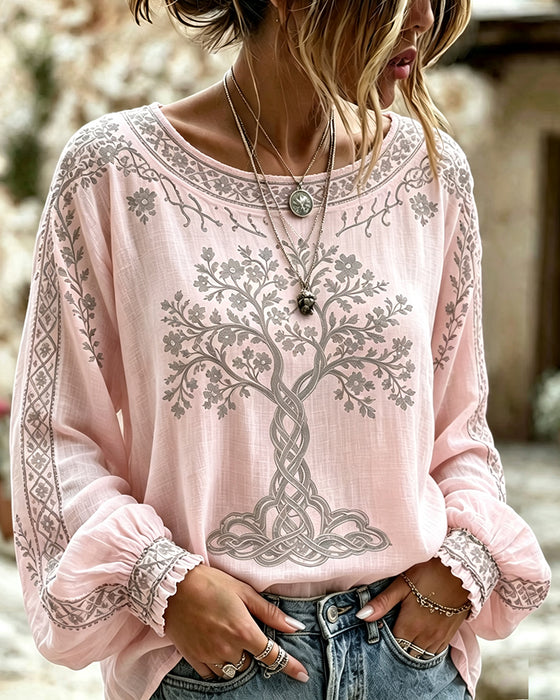 Bluse Rundhals Baum Print Lässig