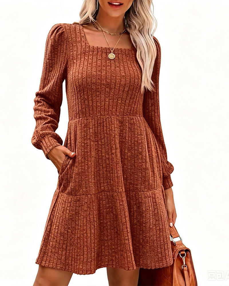 Kleid Quadratischer Ausschnitt Blasenärmel Gerippt