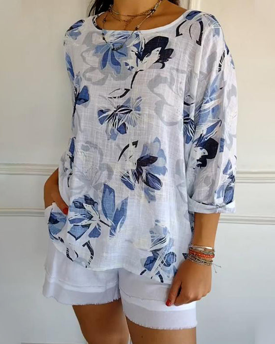 Bluse Rundhals Langarm Druck
