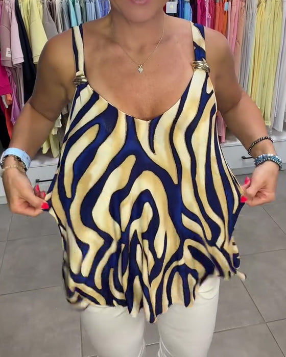 Bluse V-Ausschnitt Träger Zebra Druck Metallknopf