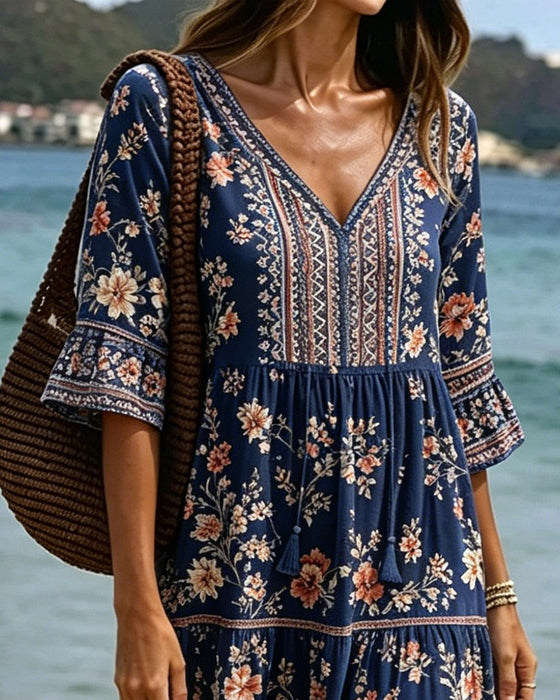Kleid V-Ausschnitt Ethnisch Blumig Patchwork