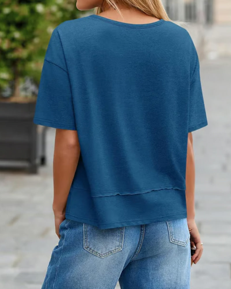 Bluse Einfarbig V-Ausschnitt Patchwork Saum