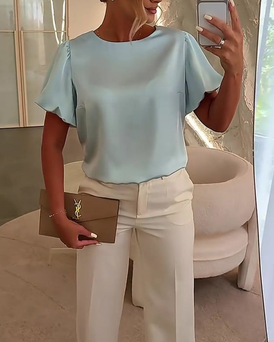 Blusen Satin Kurzarm Drapierung