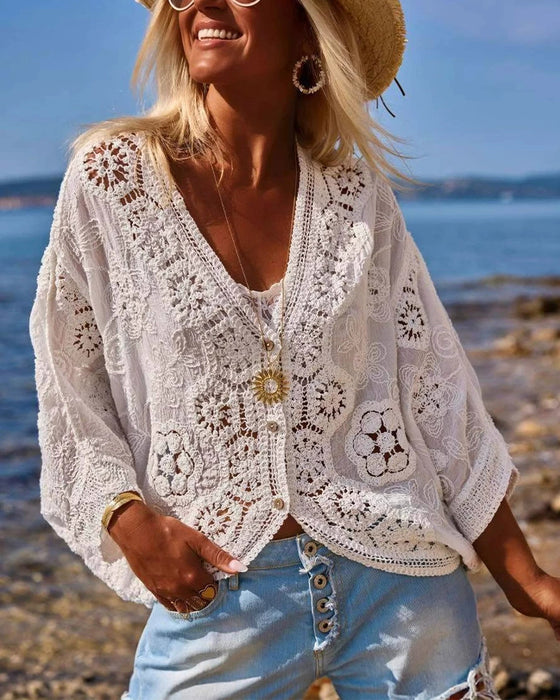 Bluse Ausschnitt Spitze Locker V-Ausschnitt