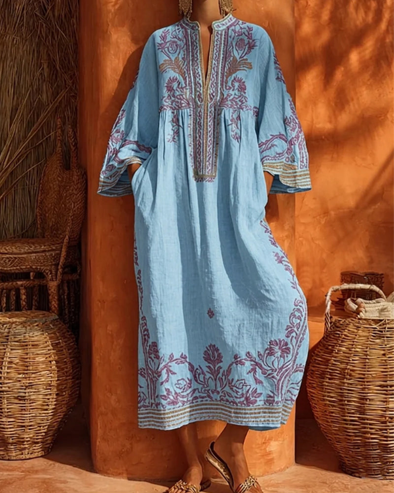 Kleid V-Ausschnitt Ethno-Print Loose Fit