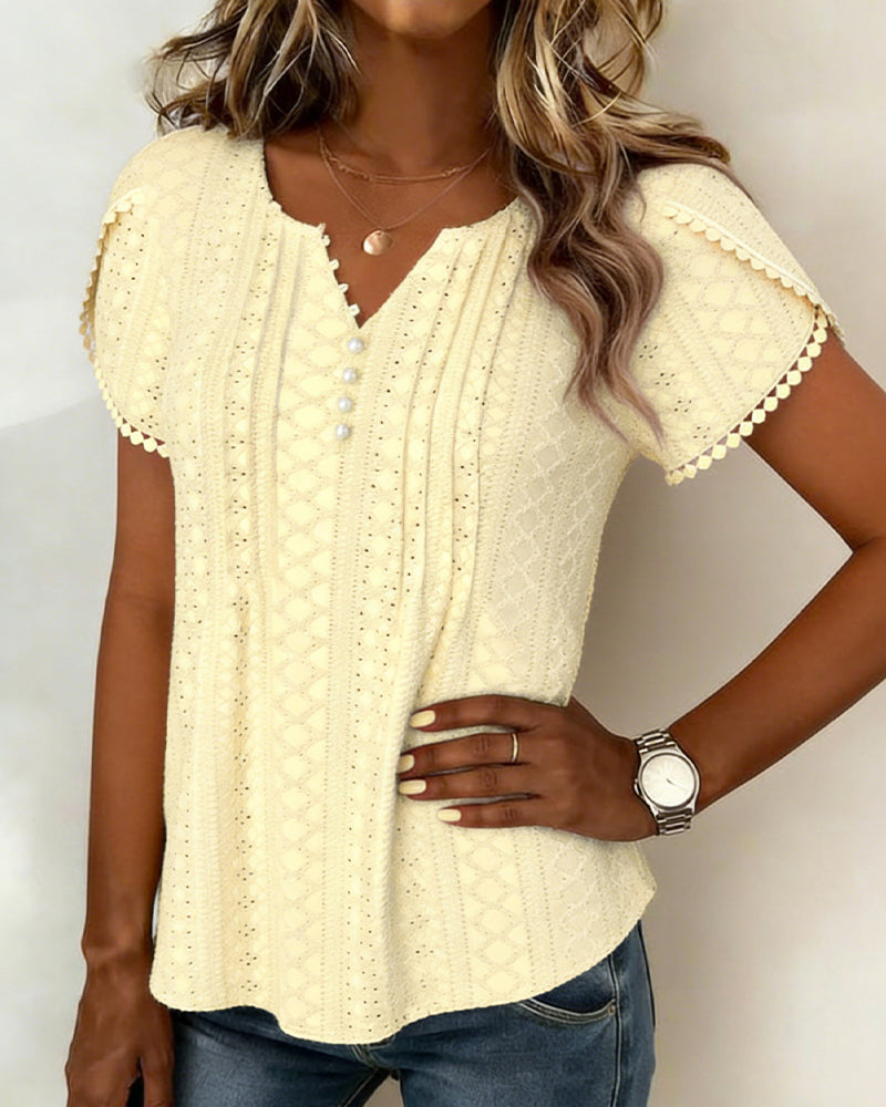 Bluse mit V-Ausschnitt Perlenknöpfe Spitze