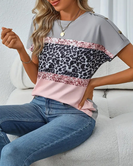 T-Shirt Rundhalsausschnitt Leopardenmuster Farbblock