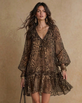 Kleid V-Ausschnitt Leopardenmuster Puffärmel Rüsche