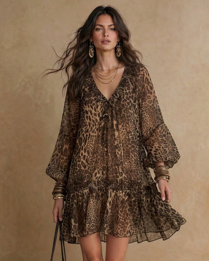 Kleid V-Ausschnitt Leopardenmuster Puffärmel Rüsche
