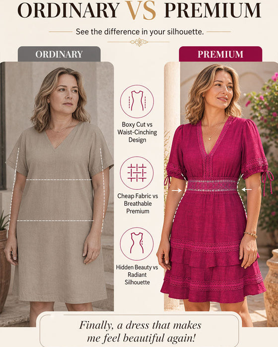 Kleid V-Ausschnitt Gestuft Einfarbig Spitze Patchwork