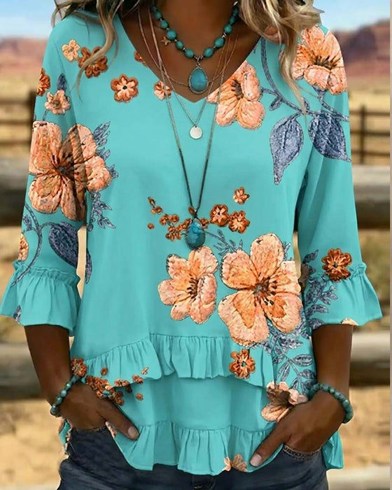Bluse V-Utringning Vintage Blomstret Loose Fit