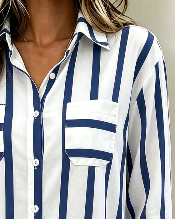 Bluse Revers Gestreift Knopfleiste
