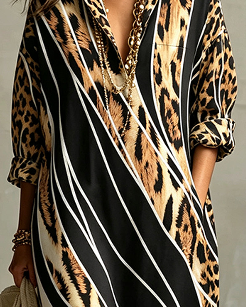 Kleid Leopard Diagonaler Streifen Revers